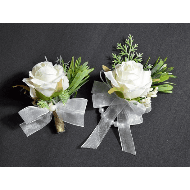 2Pcs White Rose Flower Wrist Corsage Boutonniere Set,3" White Corsage