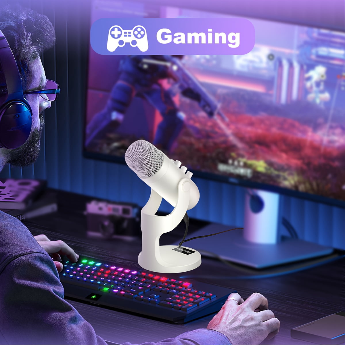 USB Condenser Microphone with Stand, Plug&Play PC Gaming Mic for PS4/5, Noise Cancelling, Echo Removal, Live Monitoring, Streaming, Podcast, Recording