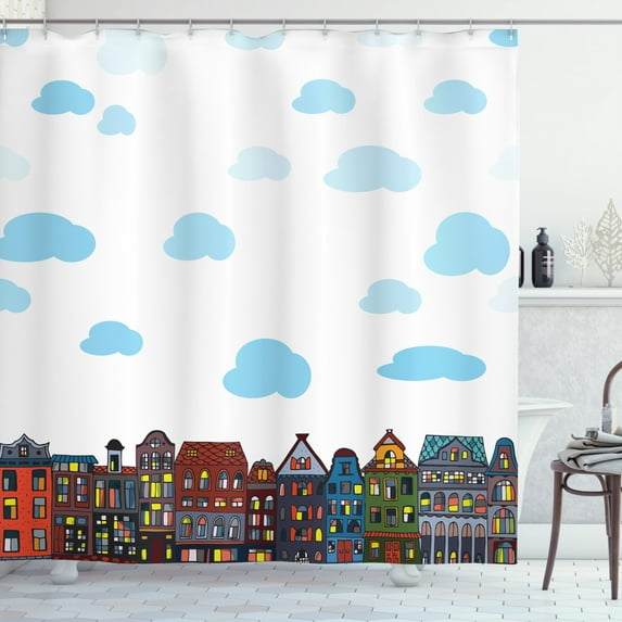 Amsterdam Shower Curtain, Urban Buildings with Fluffy Clouds in the Sky Residential Streets Spots, Fabric Bathroom Set with Hooks, 69W X 70L Inches, White and Multicolor, by Ambesonne
