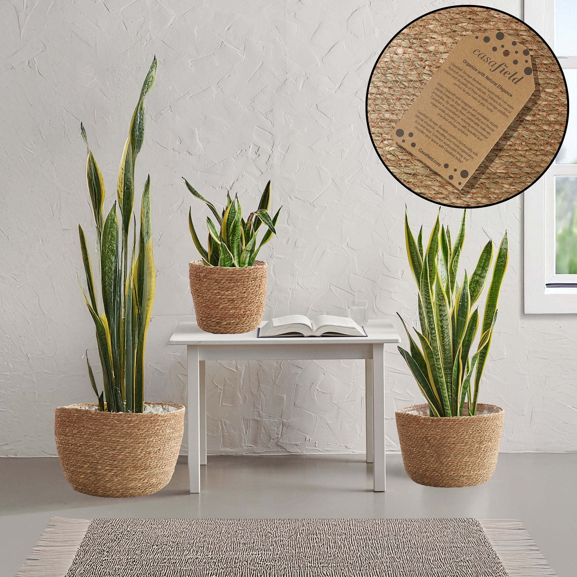 Casafield Set of 3 Seagrass Planter Baskets - Natural, Hand Woven Indoor Flower Pot Covers with Liners for Plants, Succulents, Home Decor
