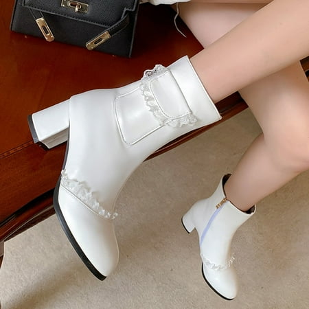 

Cathalem Womens Flat Boots Tan Fashion Women s Shoes British Style Leather Lace Thick Heel Medium Heel Solid Womens Winter Boots White 8.5