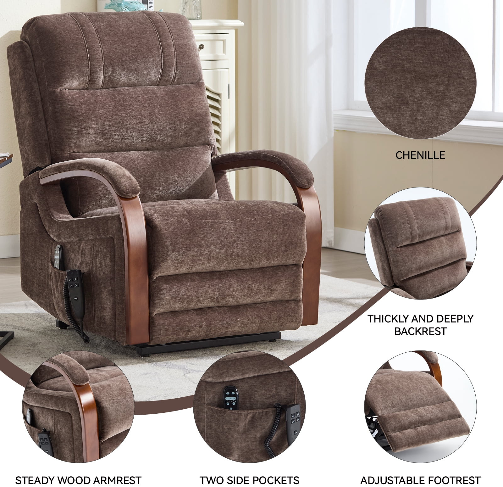 Gewnee Power Lift Recliner Chair with Heat and Massage,Lay Flat Assist Recliner with Side Pocket & Solid Wood Armrest,Lift Chair for Living Room.Brown Chenille