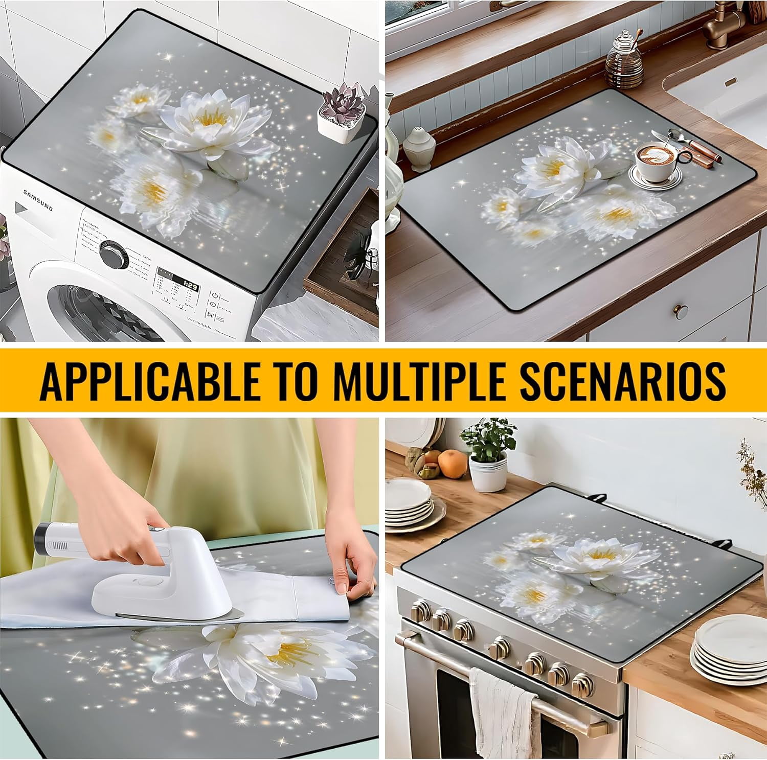Stove Top Cover for Electric Stove 28.5x20.5 Inch Silicone Stove Topper & Protector, Scratch-Resistant Decorative Kitchen Mat for Electric/Glass Stove Top (Glittering White Lotus)
