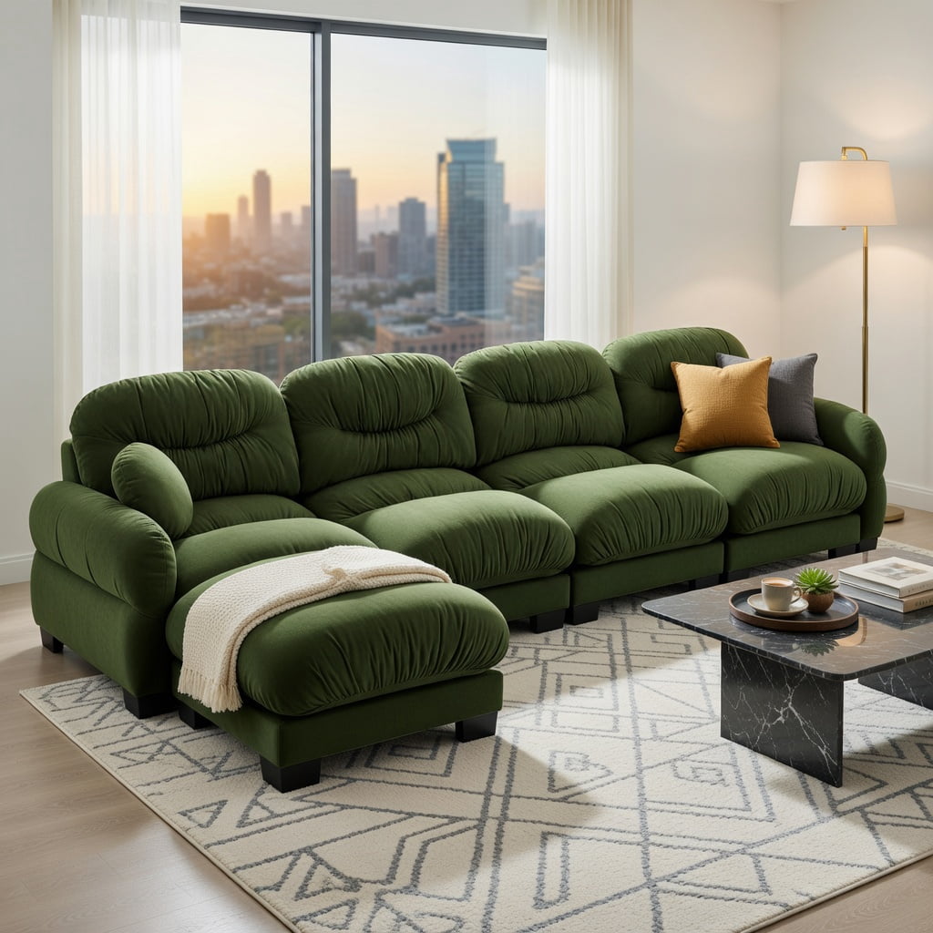 Hommoo Chenille U-Shaped Modular Sectional Sofa with Ergonomic Foam, Pleated Back Design, 2 Ottomans & 2 Throw Pillows, 4-Seat Plush Living Room Couch, Green