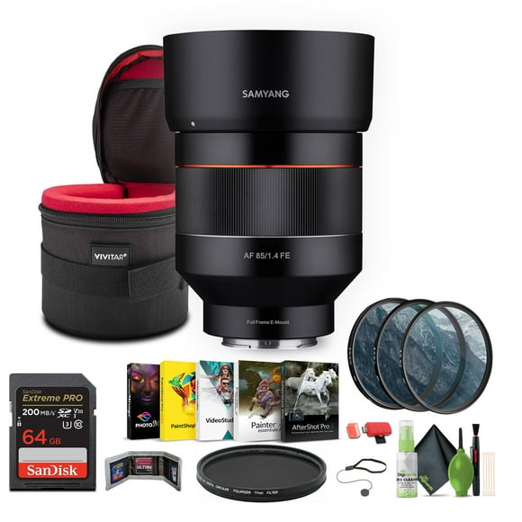 Samyang SYIO85AF-E Objectif 85mm F1.4 à Mise au Point Automatique Scellé Résistant aux Intempéries pour Sony Monture Électronique + Carte Mémoire Extreme PRO 64 Go + Filtre Polariseur Circulaire Numérique HD Bower 77mm + Plus