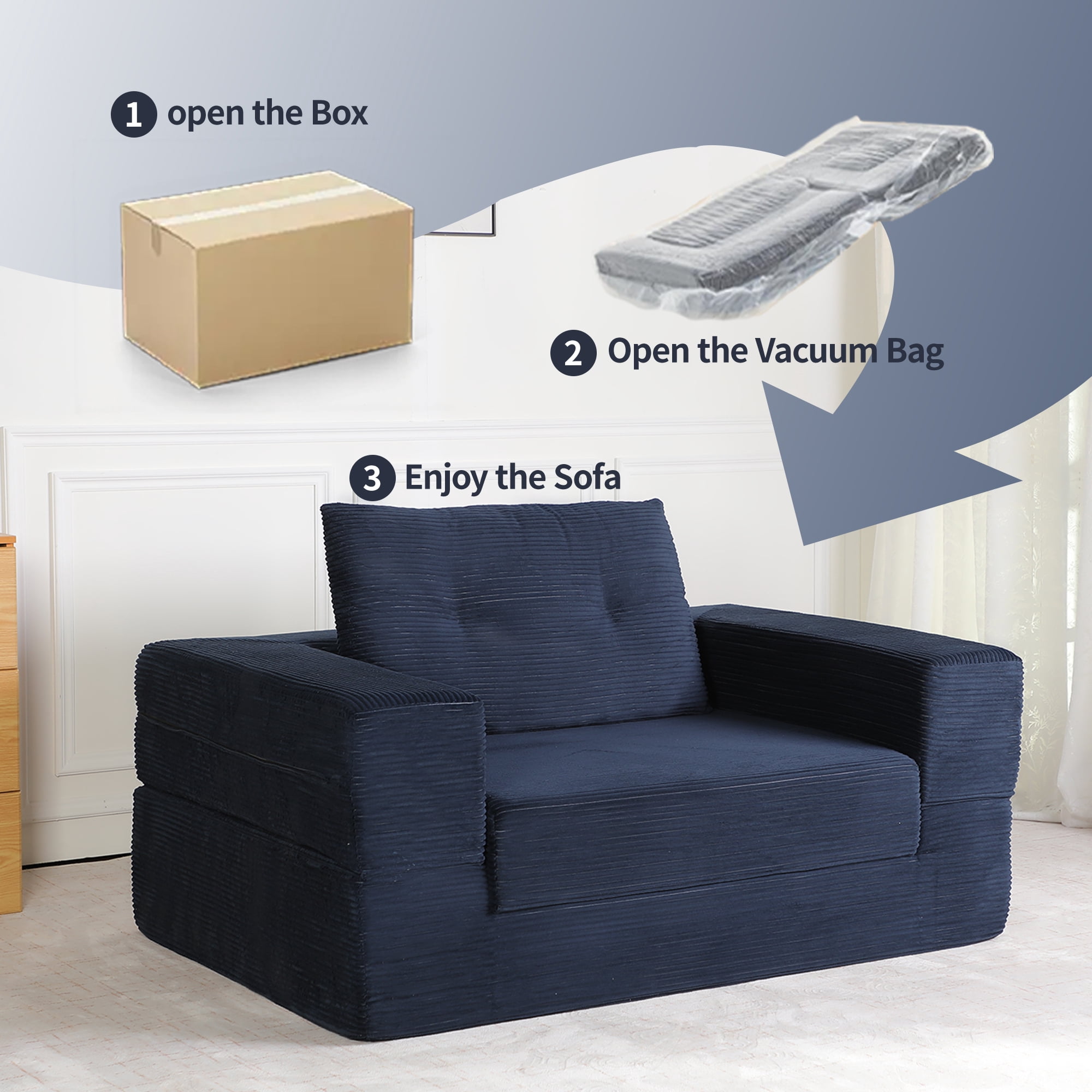 Leumius Single Sofa Bed with Pillow,Boneless Folding Sofa Bed for Living Room Bedroom,No Assembly Required,Dark Blue