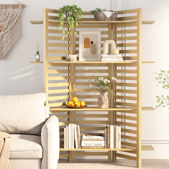Room Divider with Display Shelves, 60" Tall Folding Wood Privacy Screen, Partition Room Dividers for Bedroom, Home Office, Art Display Decoration, Folding Bookshelf & Plant Stand (3 Panels, Natural)
