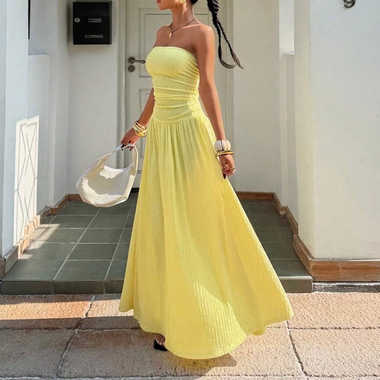 yellow bodycon tube dress Domzest Womens Strapless Maxi Ruched Waist Flowy Ribbed A Line Long Dress Summer Casual Dress for Beach & Going Out M Size:US9 - IT39 Tumble Dry Country Of HM6.25 Lauren Shirt Dress -