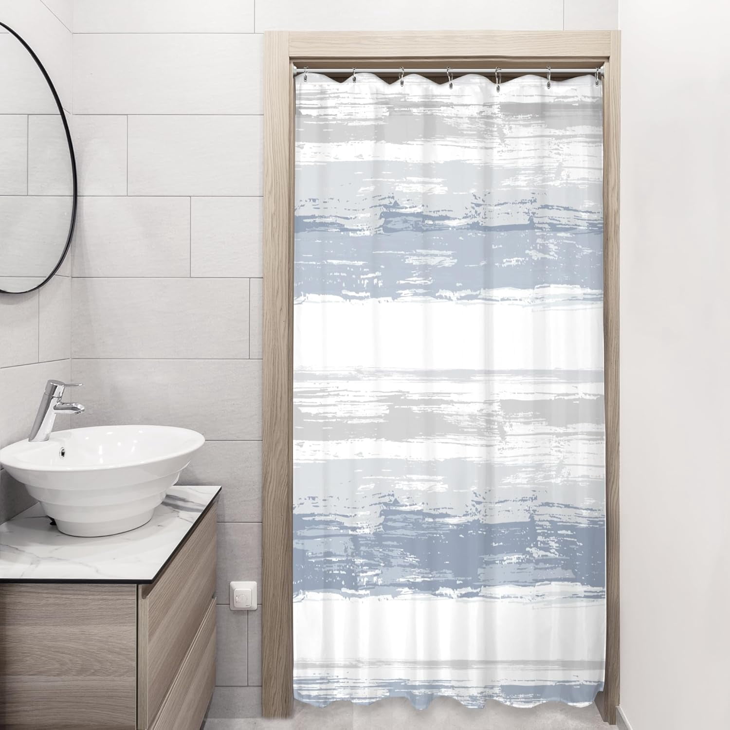 Small Stall Abstract Blue Grey Striped Shower Curtain for Bathroom Decor 36Wx72H Inches Modern Single Half RV Aesthetic Minimalist Geometric Neutral Fabric Waterproof Polyester 7 Pack Hooks