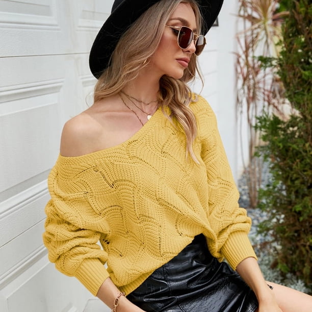 Suéter de manga larga de estilo europeo y americano para mujer 2023 Otoño e invierno suéter de punto suelto con cuello en V suéter de color sólido