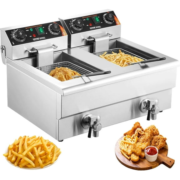 Commercial Deep Fryer, Dual Tank 3000W Electric Countertop Fryer with Basket, 2 x 11.6Qt/11L Double Stainless Steel Oil Fryer with Drain, Time & Temp Control, for Kitchen Restaurant Use