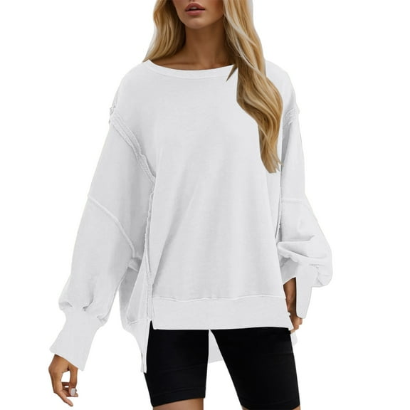 Women Blouses Fall Winter Stretch Crewneck Long-sleeved Bell Off the Shoulder Side Split Solid Color Leisure Ribbed Knit Top Tops(White,M)