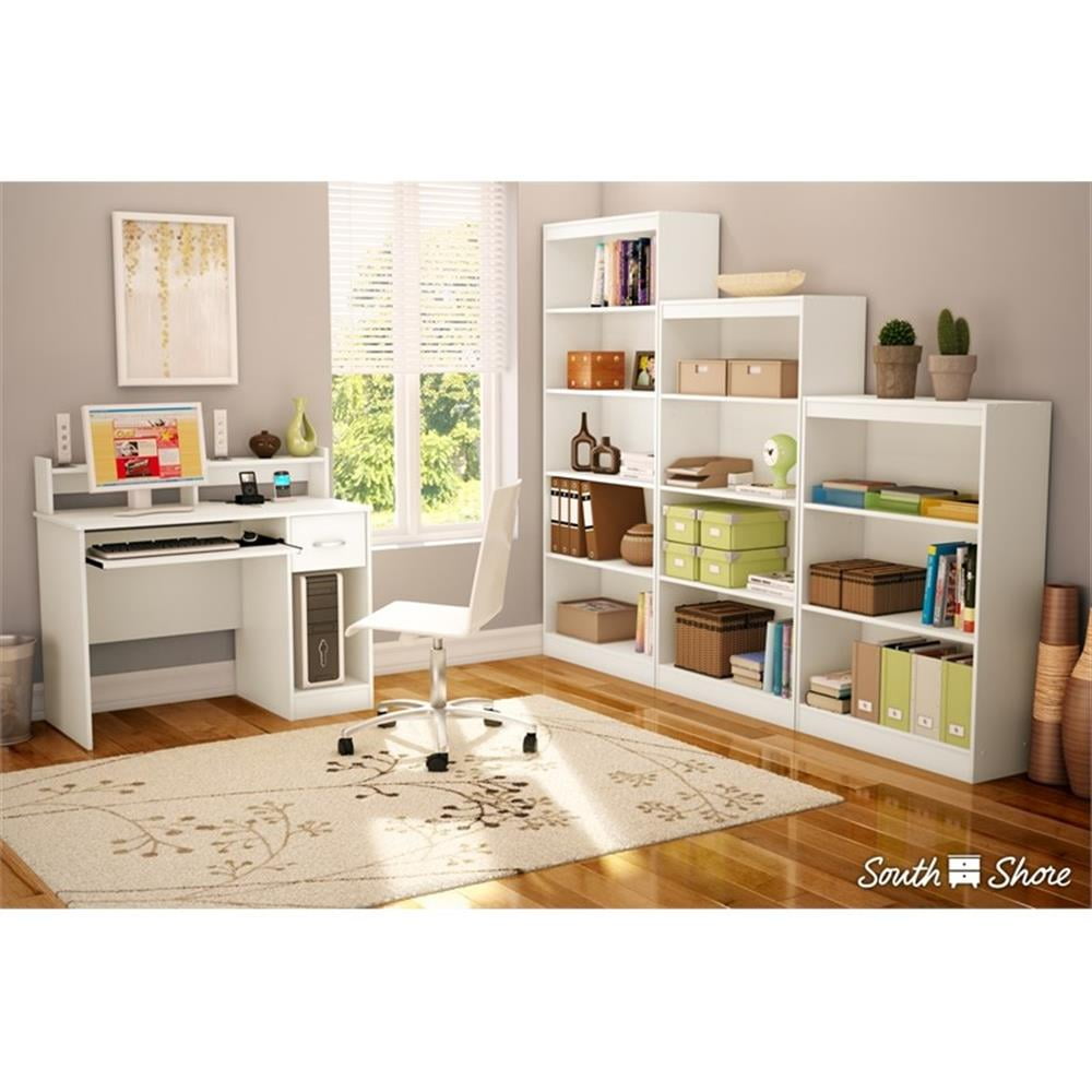 South Shore Axess Desk with Keyboard Tray and 4-Shelf Bookcase Set in Pure White