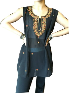 Mogul Women Tunic Top Dress,Classy Black Georgette Embroidered Boho Fashion Handmade Indian Ethnic Kurti M