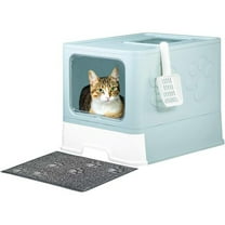 Upgrade Portable Litter Box, Top Entry Cat Box with Lid, No Leakage Kitty Box with Scoop and Mat, Easy Cleaning Cat Box Enclosure(Blue)