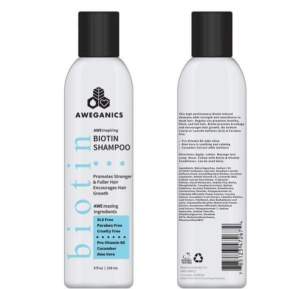 Aweganics Biotin Hair Growth Shampoo, AWE Inspiring Thickening Shampoo for Hair Loss and Thinning Hair - SLS-Free, Paraben-Free, Cruelty-Free, Moisturizing B5 Vitamins, Cucumber, Aloe Vera