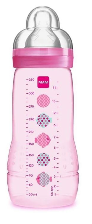 2 x MAM Easy Active Baby Bottle Fast Flow 330ml Blue Silk Teat Designs May Vary 