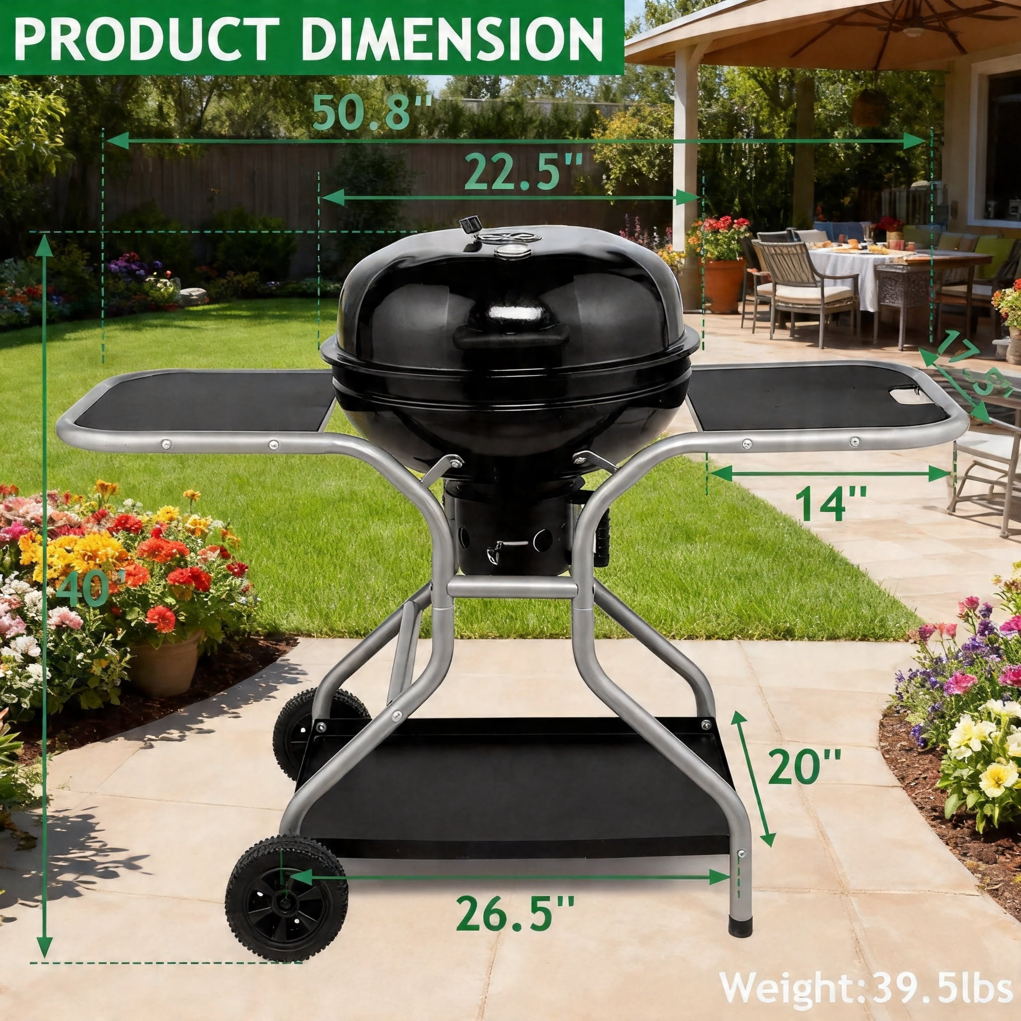 LODZPK Portable Kettle Charcoal Grill with 2 Side Tables, Storage Shelf & Upgraded Ash Catcher, Outdoor BBQ with Thermometer & Air Vents (Wheels Included)