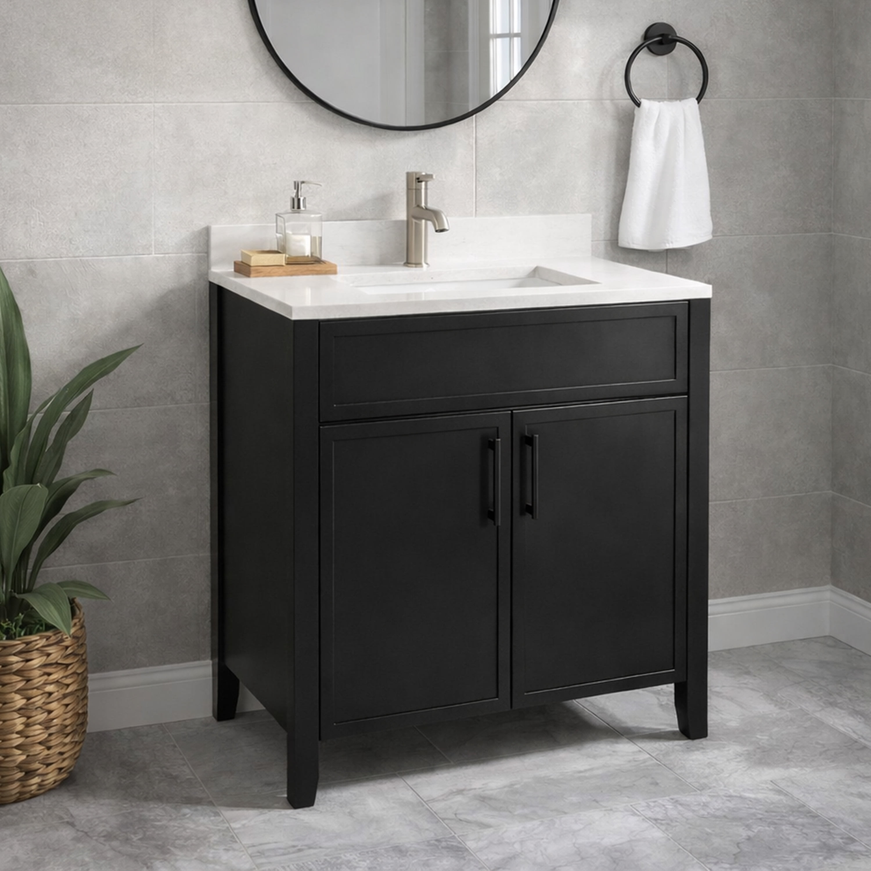 Design House Dawson 30-Inch Bathroom Vanity Cabinet, Fully Assembled, 2-Door Freestanding, Comfort Height 34 in., Sherwin-Williams® Iron Ore, Matte Black Hardware, 228429-IO-FA
