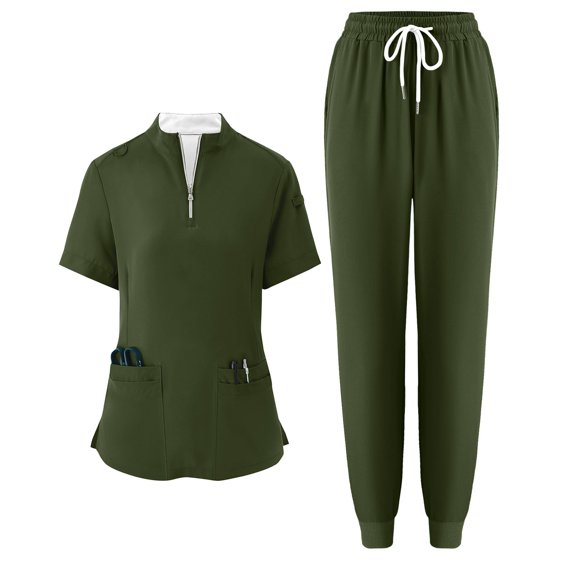 Uniform Scrubs Set,Women'S Half High Neck Zipper Loose Solid Color Nurses Uniform Scrub Set Short Sleeve Suit With Pockets,Army Green,L