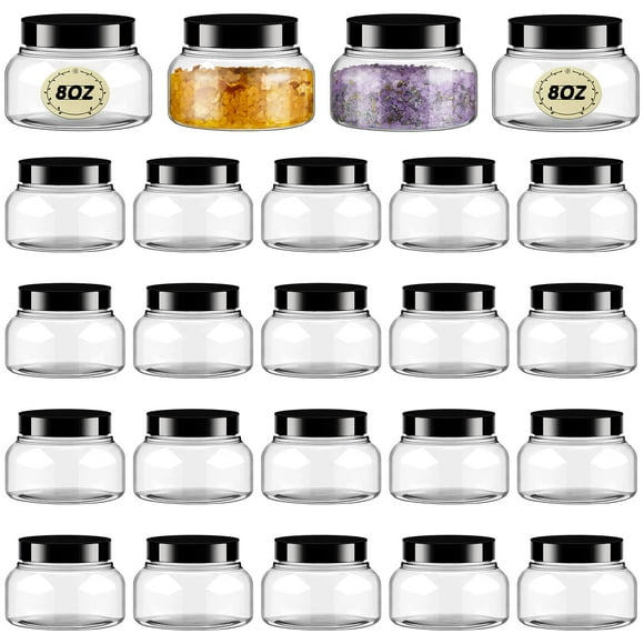 Tessco 24 Pack Plastic Jars with Lids Labels Empty Clear Plastic Jars Round Refillable Cosmetic Containers Body Butter Containers Bulk Sugar Scrub Bottle for Make Up(8 oz,Clear)