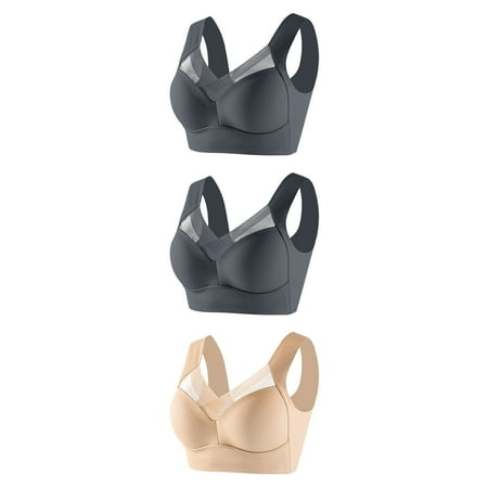 GERsome Wireless Bras for Women Pack of 3 Assorted Color Seamless Full Coverage Comfortable Soft V Neck No Underwire Support Push Up Everyday Bra 3pcs-2Gray/Beige XXXXL