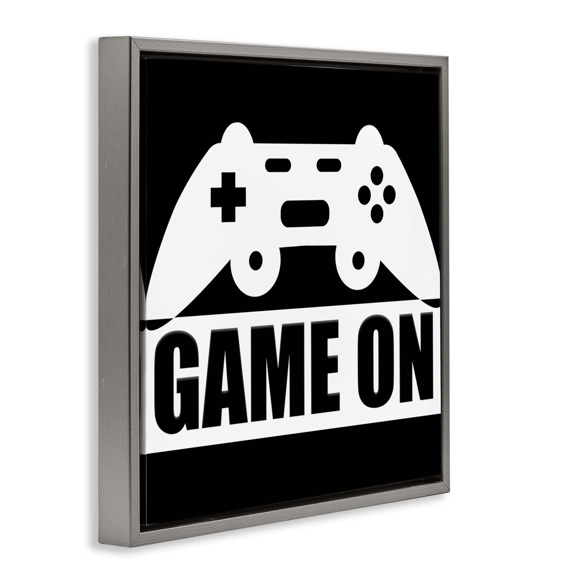 Game On Retro Black & White Gray Framed Floater Canvas Wall Art, design by Kim Allen