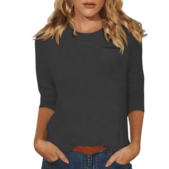 DENGDENG Hauts et Chemisiers pour Femmes à Manches 3/4, Col Rond au Coude, T-Shirts Basiques Boho d'Été Décontractés, Tuniques de Printemps, Chemisiers Trois Quarts, Grande Taille, Chandail à Enfiler avec Poche, Gris 3TG