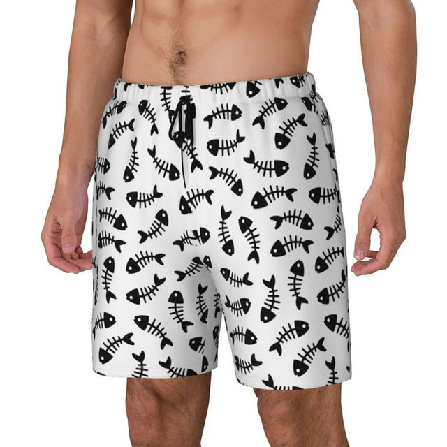 Lsque Fish Bone Pattern Mens Swim Trunks- Bathing Suit Compression Liner - Beach Swim Shorts Swimwear - (S-3XL) - Stretch Quick Dry-Small