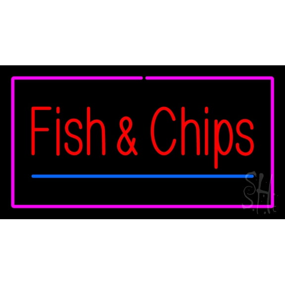 Fish & Chips Pink Border LED Neon Sign 20 x 37 - inches, Black Square Cut Acrylic Backing, with Dimmer - Bright and Premium built indoor LED Neon Sign for restaurant window and interior decor.