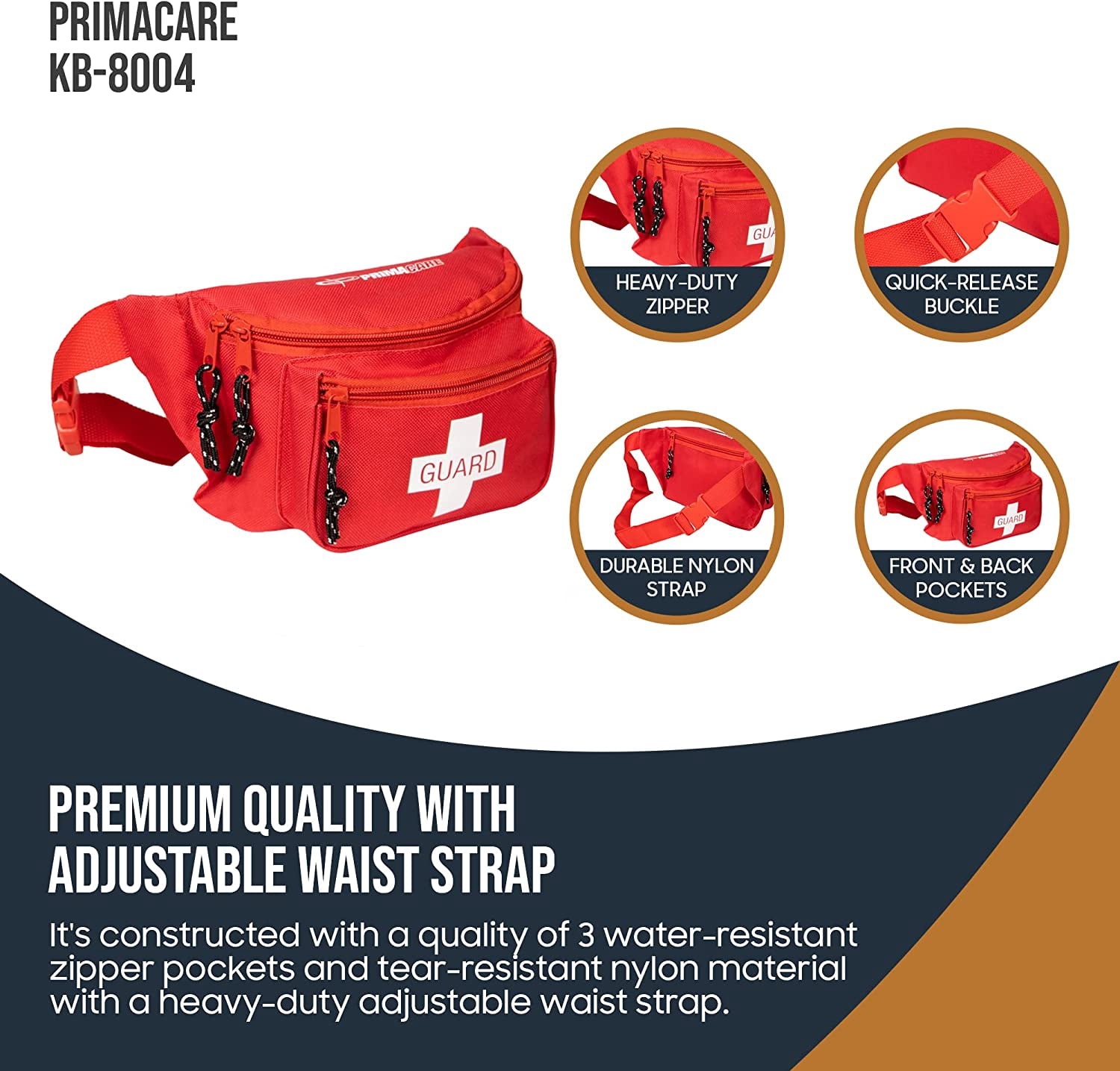 Primacare KB-8004-3 First Aid Empty Fanny Pack with 3 Pockets, Red, 8" x 2" x 6", Pack of 3 Fanny Packs