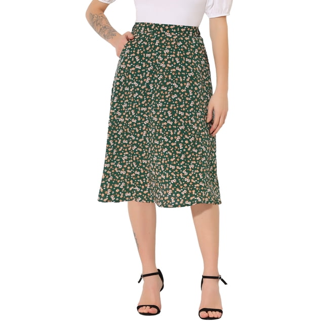 Unique Bargains Jupe Midi Évasée pour Femmes avec Ceinture, Vert, TG