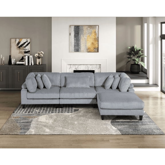 Living Room Furniture 4-Piece Modular Sectional Sofa Set - Gray Corduroy, Solid Wood Legs, Space-Saving Design