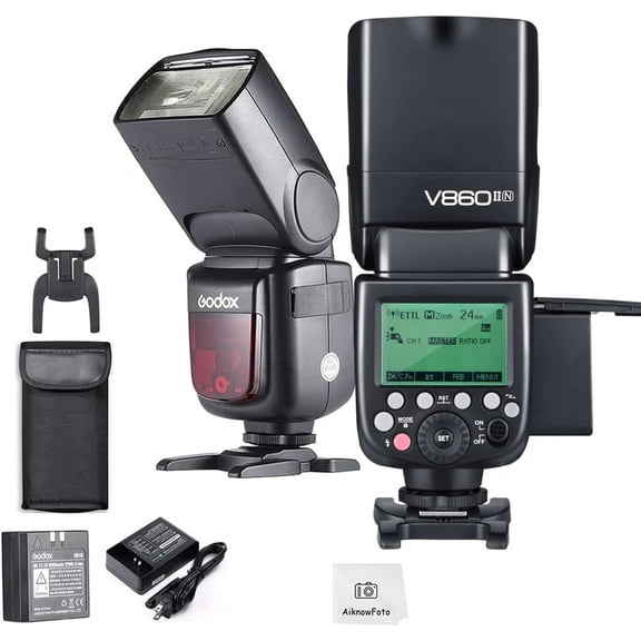 V860II-N TTL 2.4G Camera Flash Speedlite Compatible for Nikon Cameras,1/8000s High-Speed Sync GN60 with 2000mAh Li-ion Battery, Max 1.5s Recycle Time,650 Full Power with 20 Filters & Diffuser