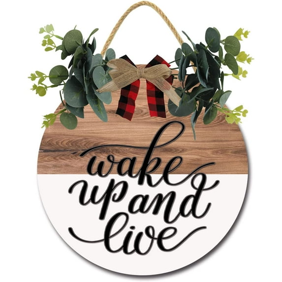 Eveokoki 12" Rustic Sign Wake Up And Live Sign Door Decor Wooden Front Door Hanger Wall Art Door Hanging Fall Winter Farmhouse Indoor Outdoor Home Porch Yard Decor