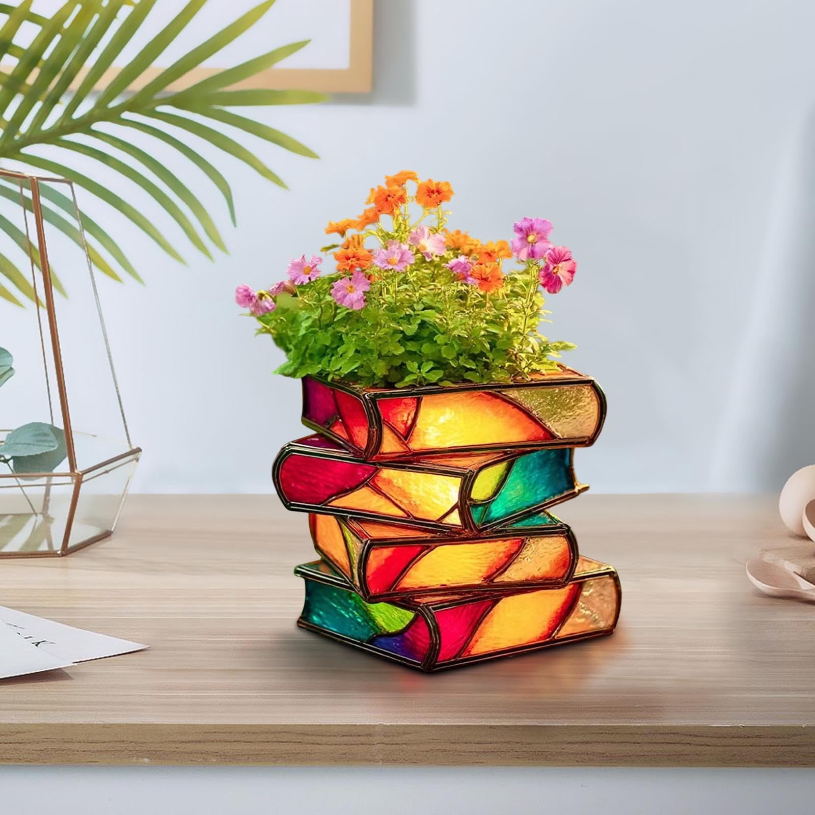 Stacked Books Resin Planter, Mini Desktop Flower Pot for Office Desk Home Shelf Decor, Air Plant Container, Small Space Decorative Gardening Pot for Indoor Living Room Bedroom Decoration