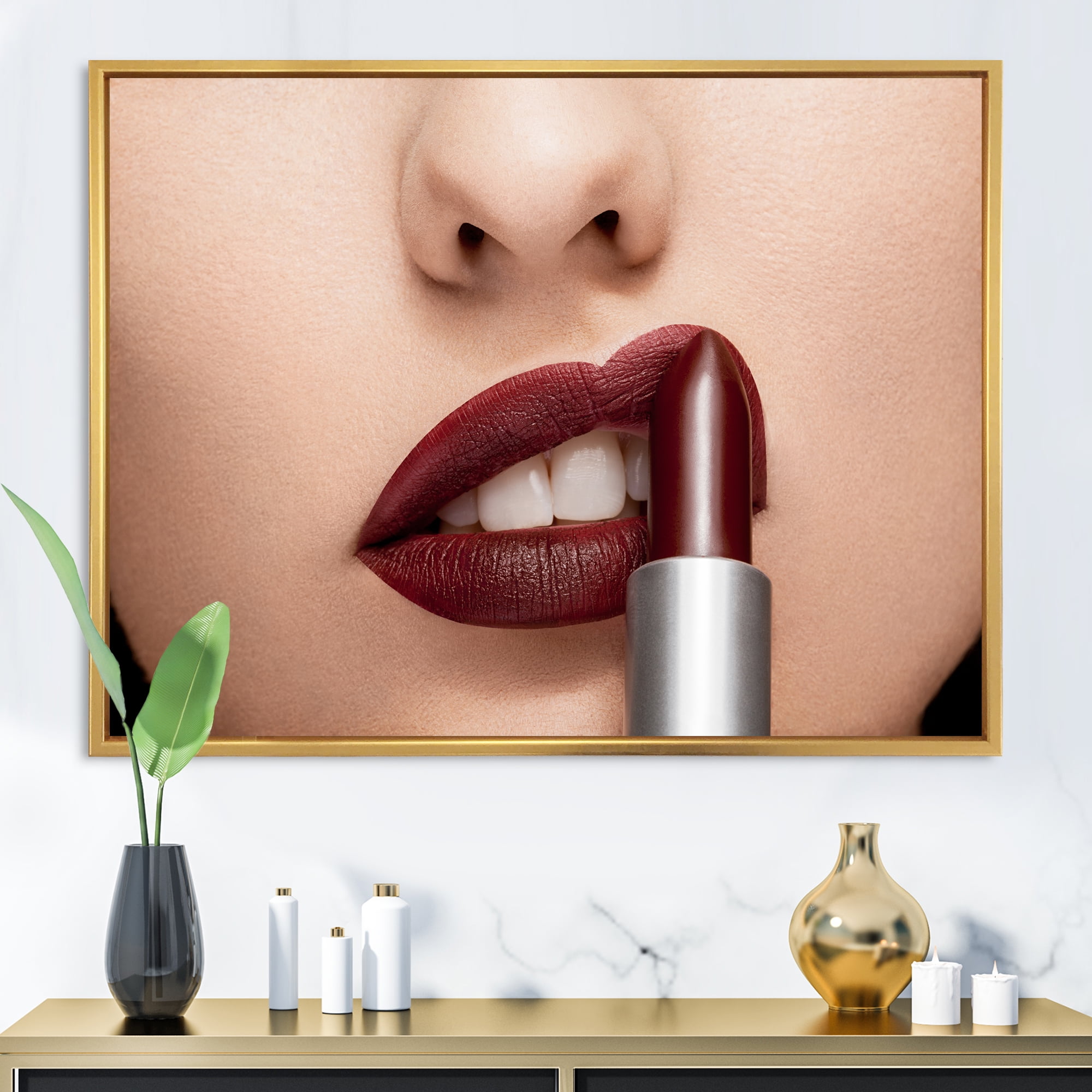 Designart 'Woman Applying Red Lipstick On Lips II' Modern Framed Canvas Wall Art Print