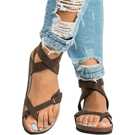 

HOLXI 2024 Women s Gladiator Strap Sandals Flat Fisherman Thong Cross Strappy Flip Flops Belt Buckle Summer Sandals