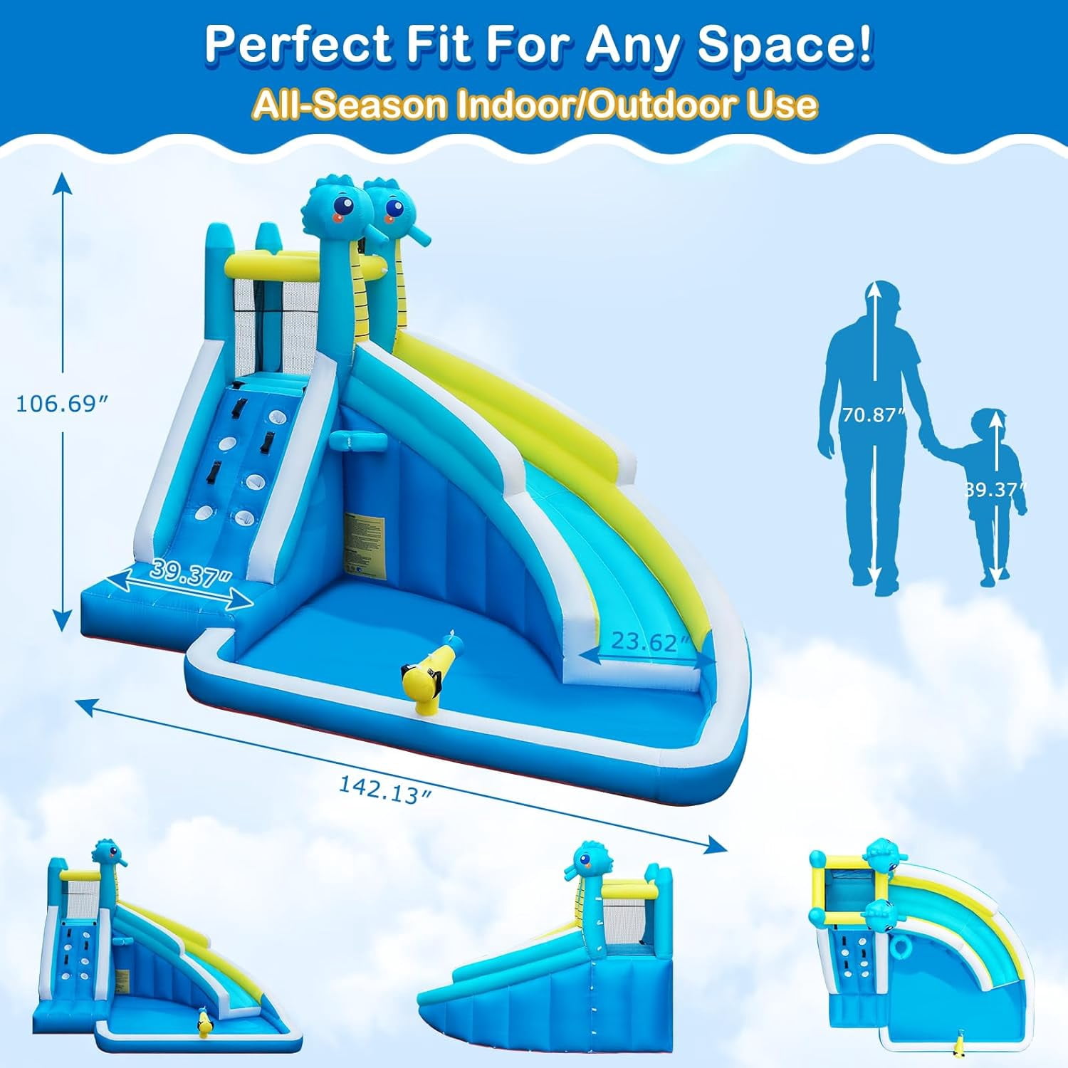 HEMOPOW 5-in-1 Inflatable Splash Park, Seahorse Water Slide with Climbing Wall, Water Cannon, Hoop & Blower for Indoor/Outdoor Backyard Fun, Ages 3+