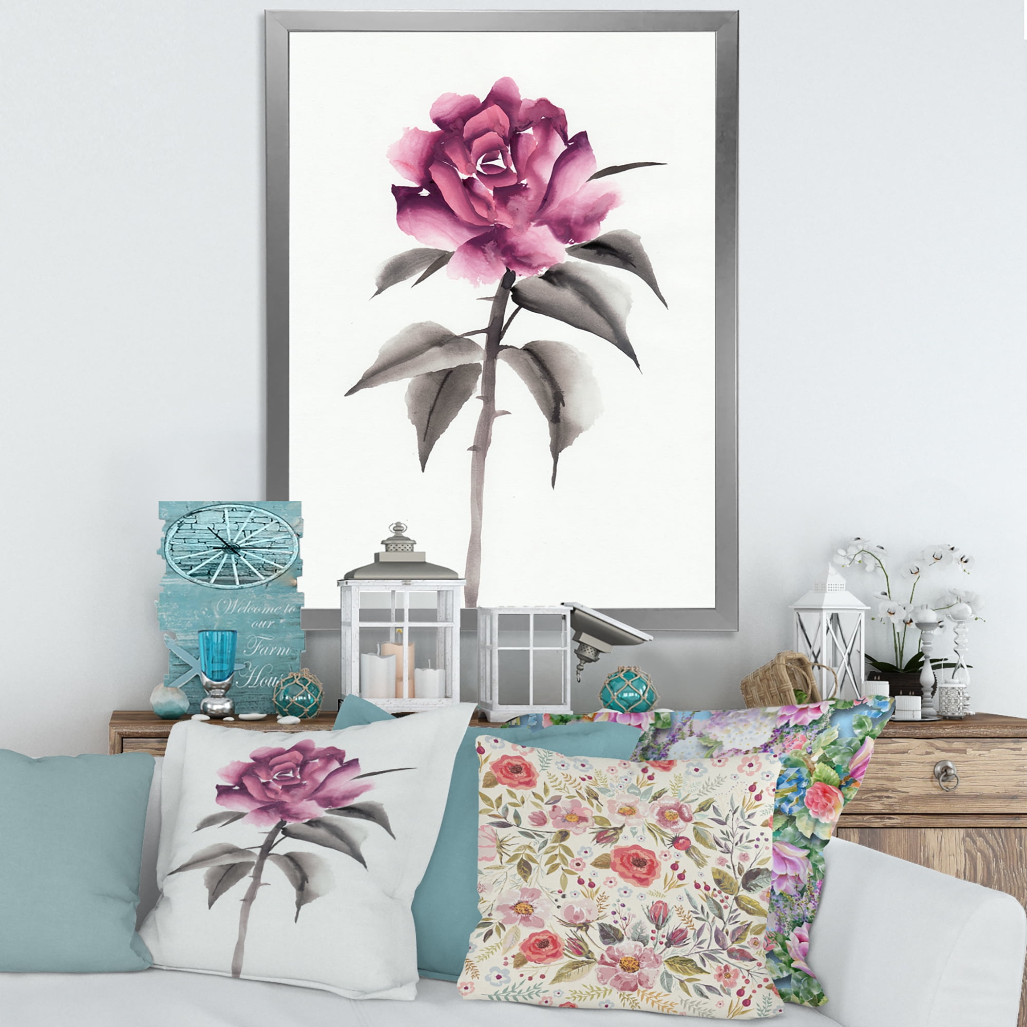 Designart 'Ancient Pink Rose Flower' Traditional Framed Art Print