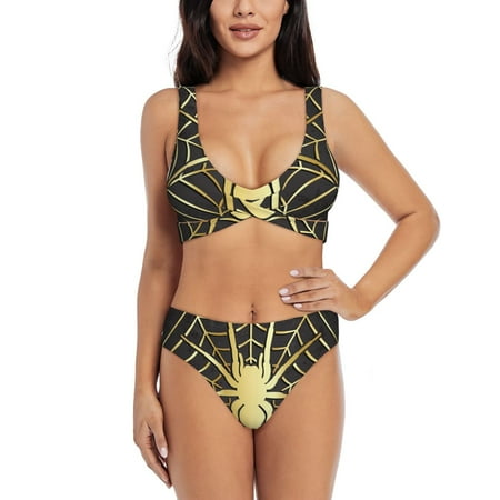 Zeuib Gold Spider On The Web High Waisted Tummy Control Bikini Set - Knot Front Push Up Top & Cheeky Thong Bottom  Two-Piece Swimsuit for Women-Medium