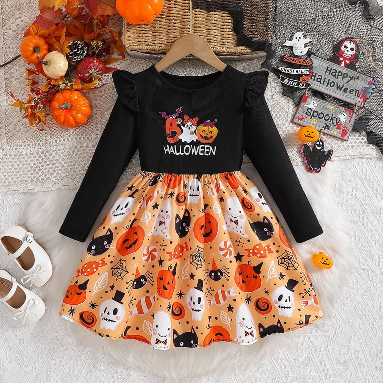 Weebloom Girls Halloween Outfits Dresses Long Sleeve Fashion Bow Tie  Flutter Sleeve Party Dress For Autumn Fall Season Cute Outfit Black -  Walmart.com