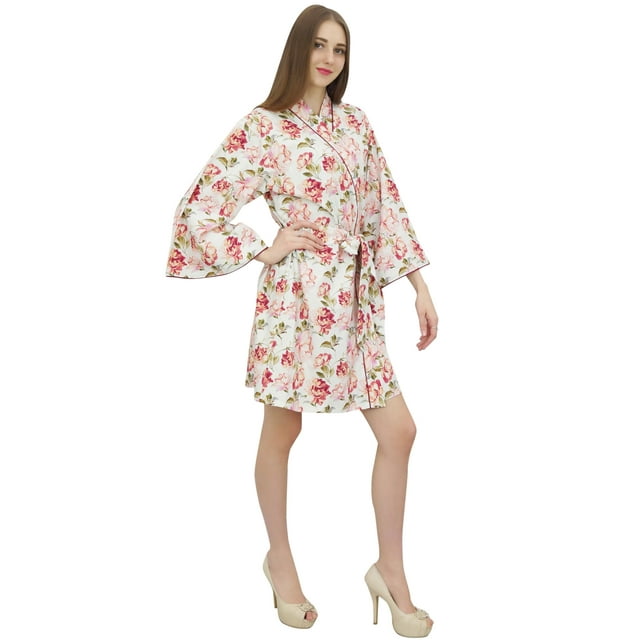 Bimba Robe de Chambre Florale pour Femmes Beige Kimono de Demoiselle d'Honneur 30