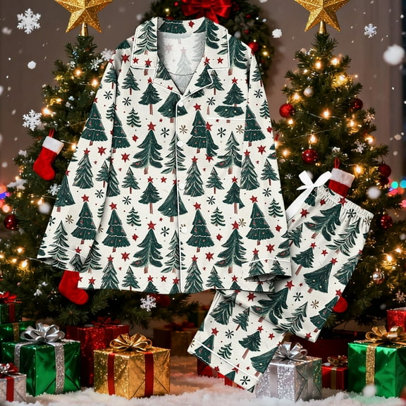 Mifsaly Womens Christmas Pajamas Sets Xmas Santa Print 2 Piece Pjs V-Neck Long Sleeve Sleepwear Button Down Loose Pullover Nightwear Breathable Cozy Wide Leg Pants 2025 Festival Lounge Homewear