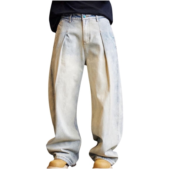 RYDCOT Men's Baggy Washed Vintage Hip Hop Jeans Wide Leg Skater Denim Pants Casual Loose Fit Long Trousers Streetwear Light Blue
