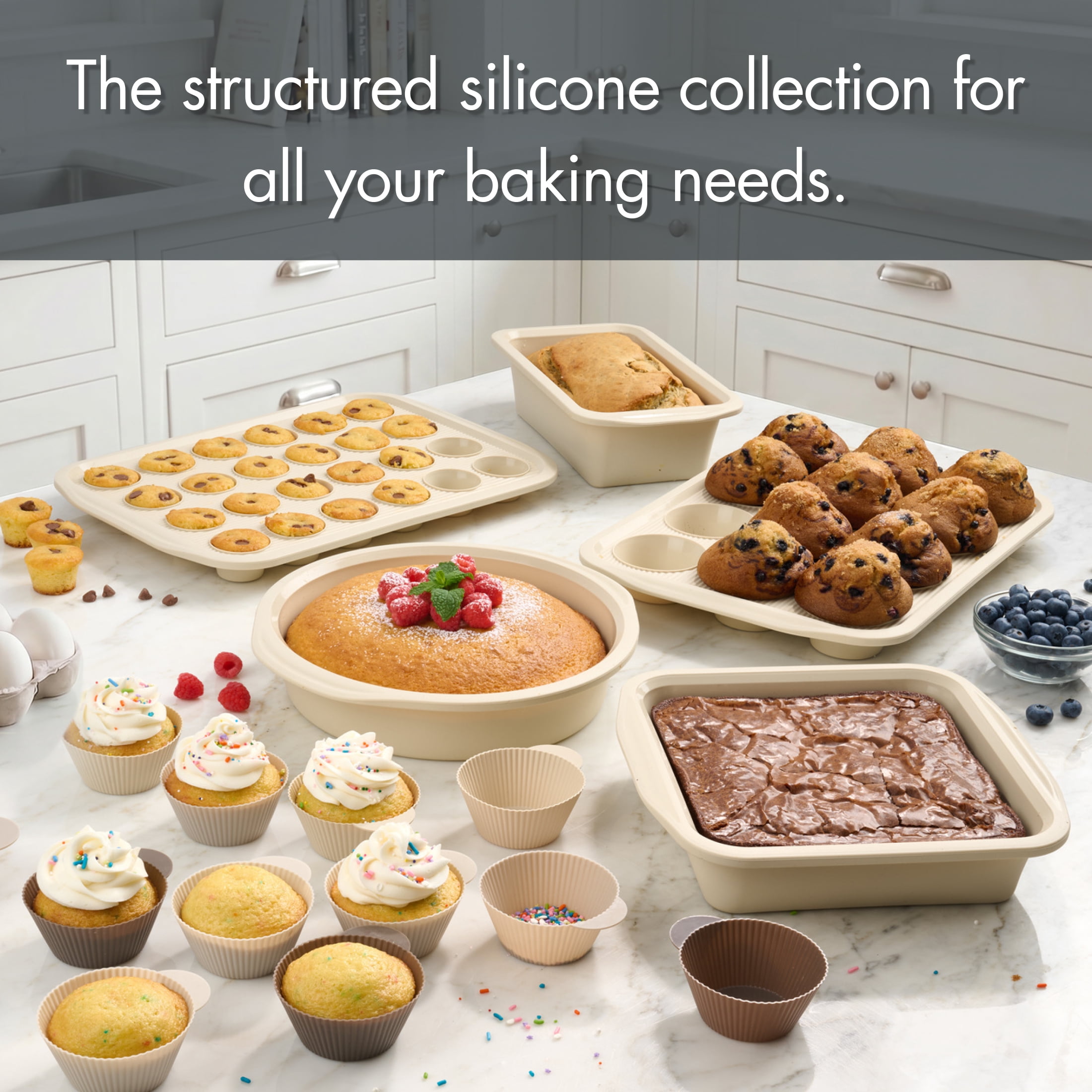 Mainstays 17-Piece Silicone Bakeware Set with Reinforced Steel Frame and Reusable Baking Cups, Papyrus Beige