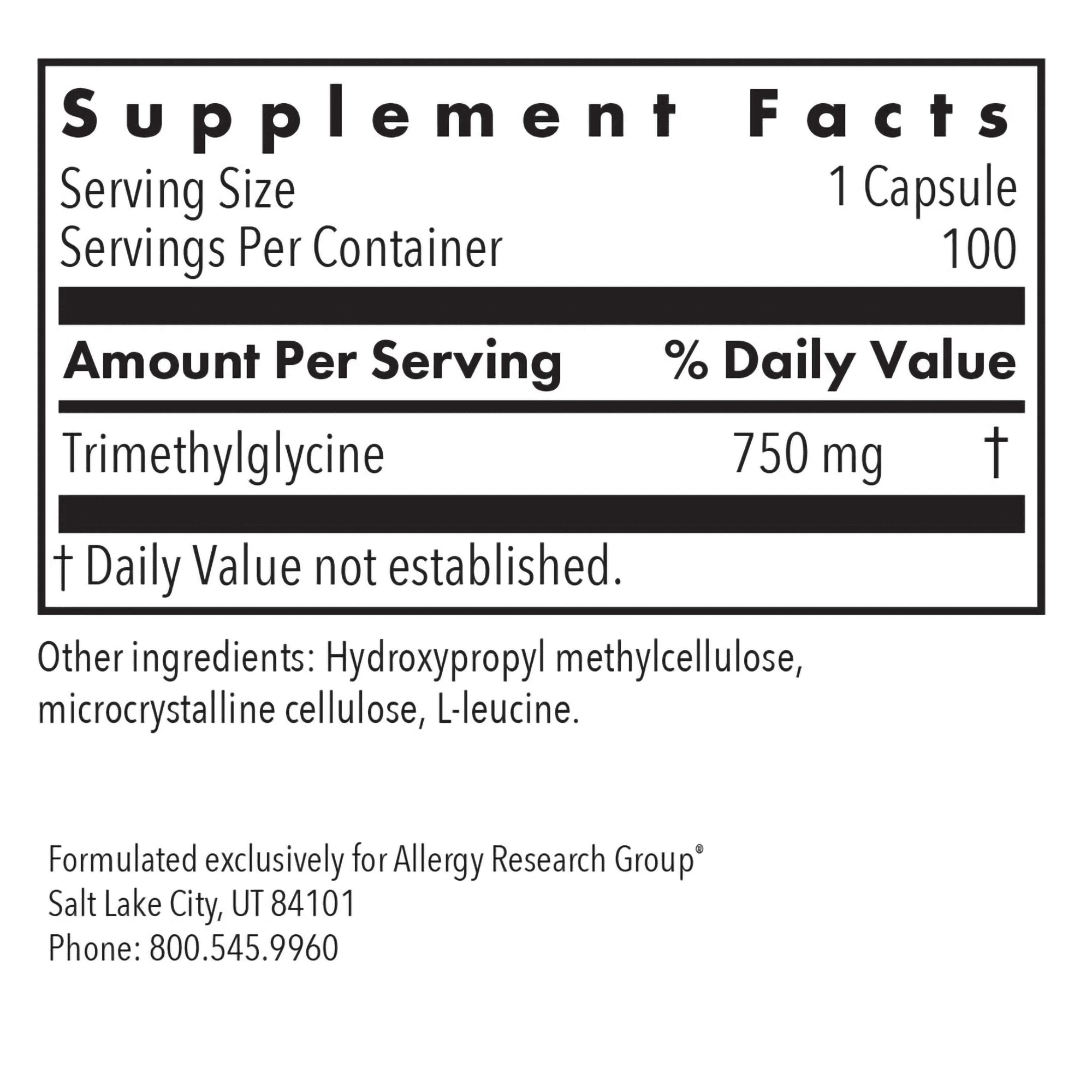 ARG TMG Trimethylglycine - Supports Cardiovascular & Liver Health - Delivers 750 mg Trimethylglycine per Serving - Vegetarian & Hypoallergenic - 100 Servings - 100 Capsules