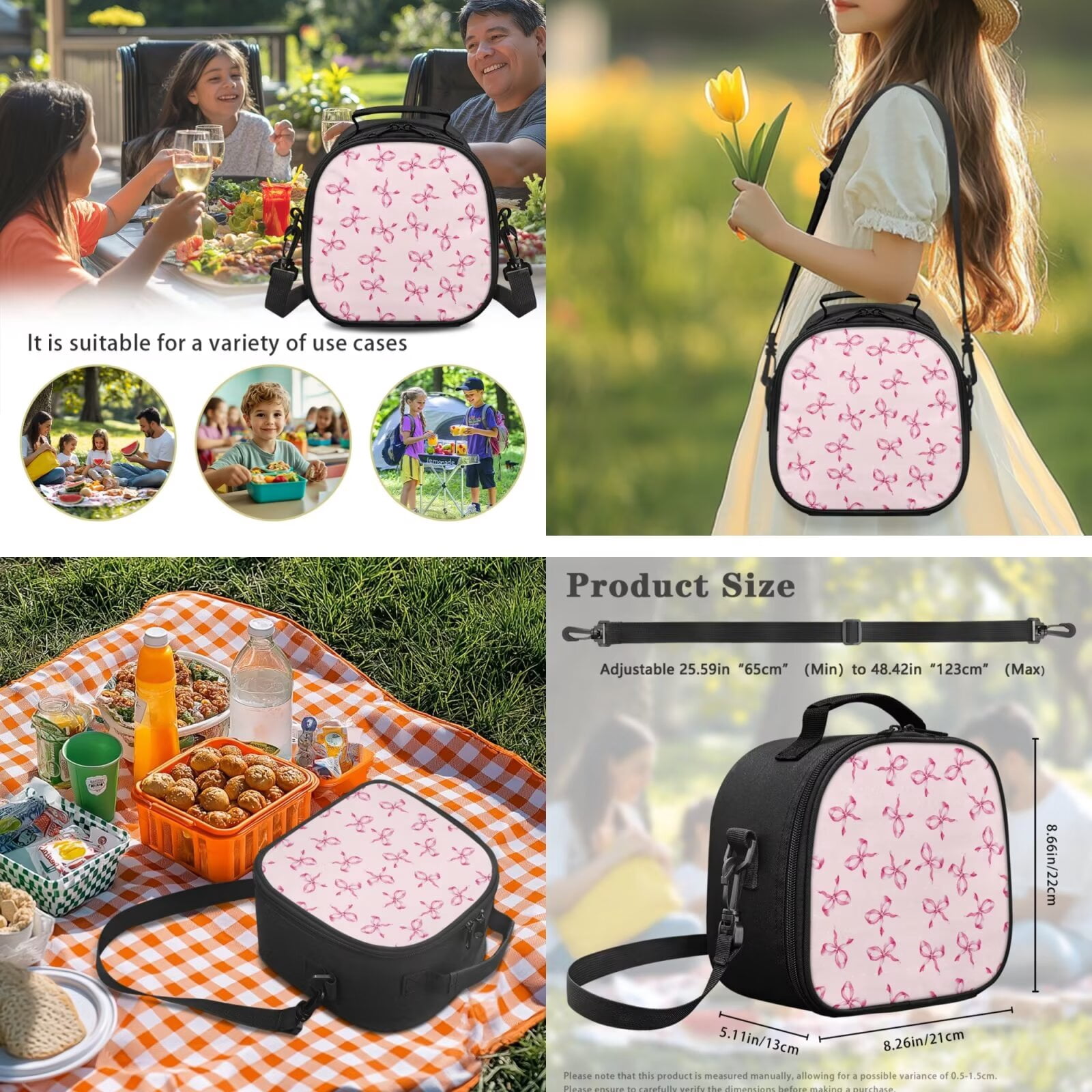 Pzuqiu Pink Bow Print Backpack for Girls 5 Piece School Bookbag with Lunch Bag Lightweight School Bag for Girls 10-12 Elementary Backpack with Water Bottle Holder Pencil Box