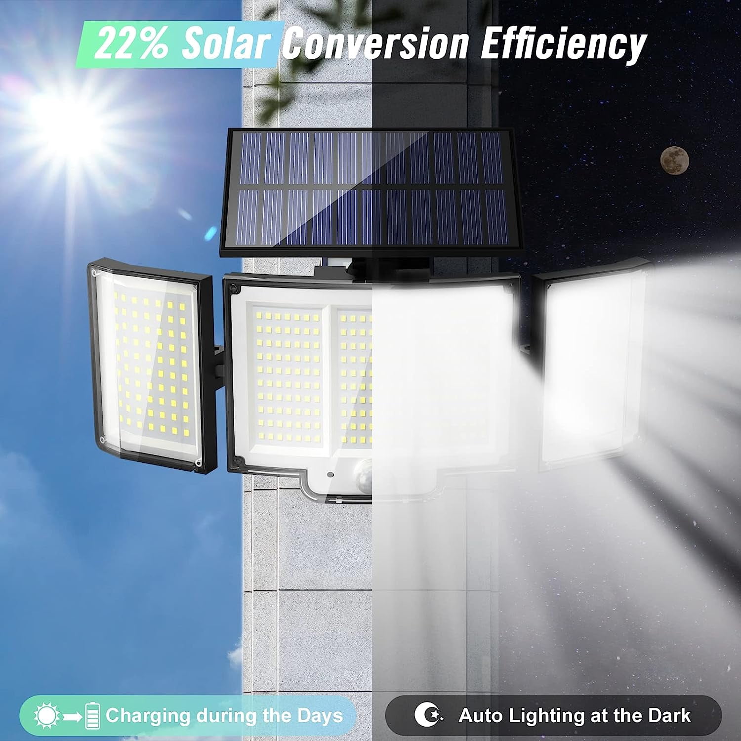 Solar Lights for Outside, 348 LED Motion Sensor Outdoor Lights with Remote Control, 3 Head IP65 Waterproof Security Lights, Solar Flood Wall Lights with 3 Modes for Garden, Patio, Yard,1 Pack
