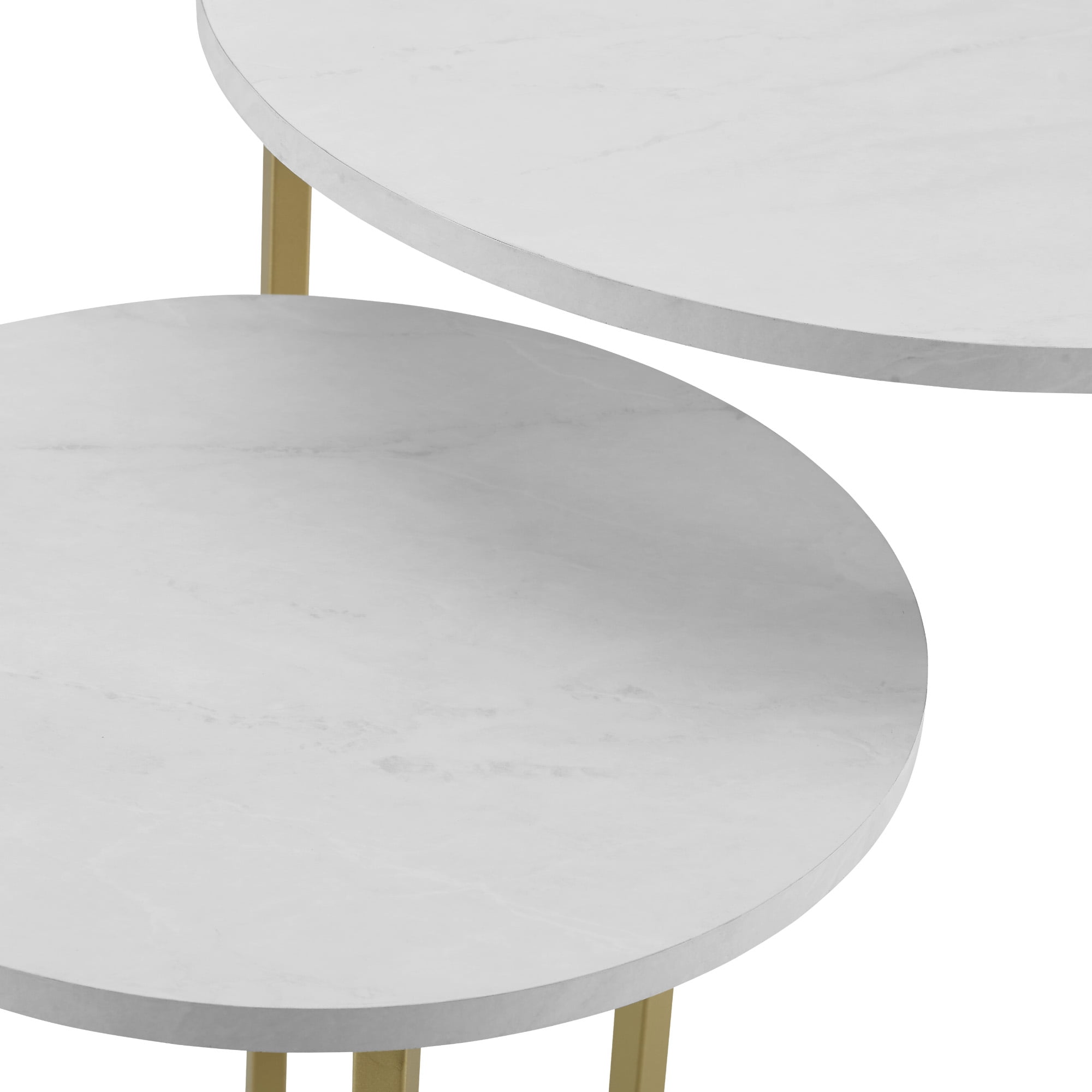Walker Edison 2-Piece Round Nesting End Table, White Faux Marble/Gold